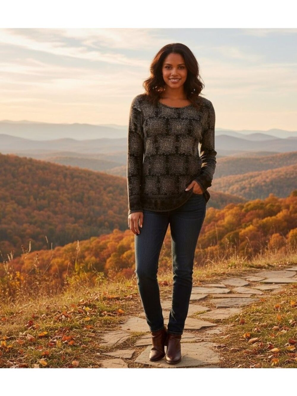 Liz & Co Black & Beige Long Sleeve Patterned Top XL 100% Cotton